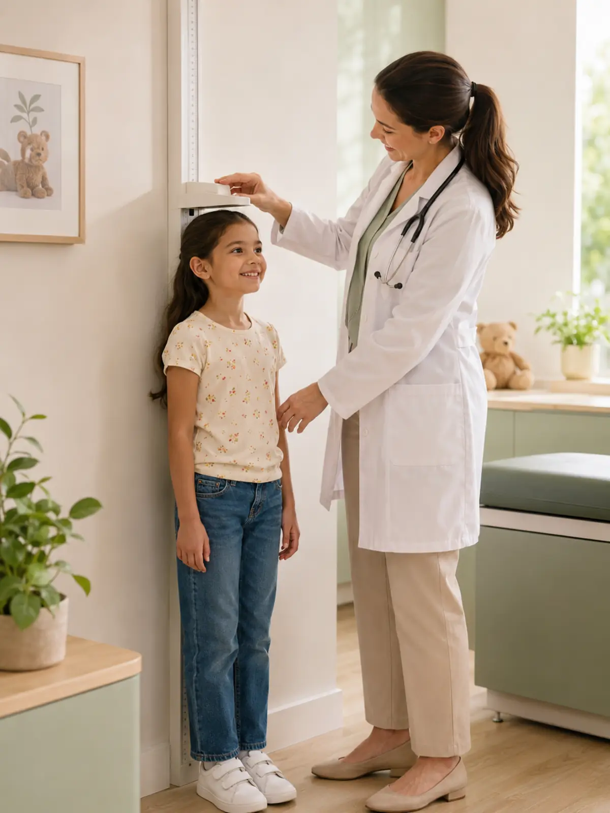 Pediatra medindo a altura de uma menina durante consulta de acompanhamento do crescimento