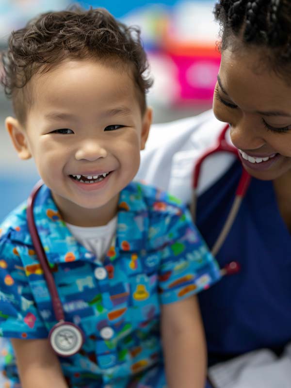 Pediatra examinando criança com estetoscópio